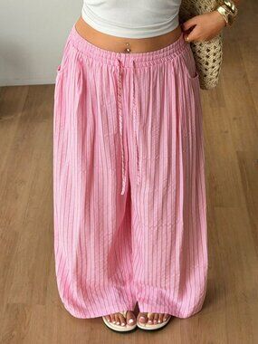 Pink Casual Womens Plus Size Oversized Drawstring Striped Loose High-Waist Pants